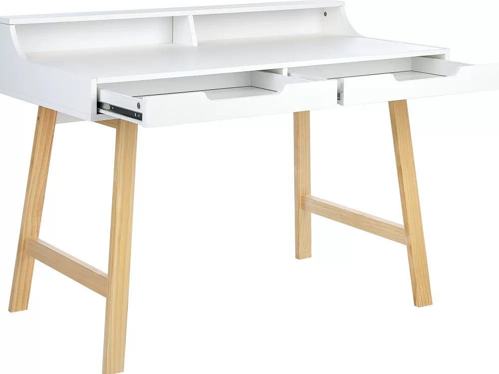 Beliani Scrivania Moderna con 2 Cassetti e Mensola, Bianco Chiaro, Legno Massello 110 cm - Design Barie per Soggiorno/Camera