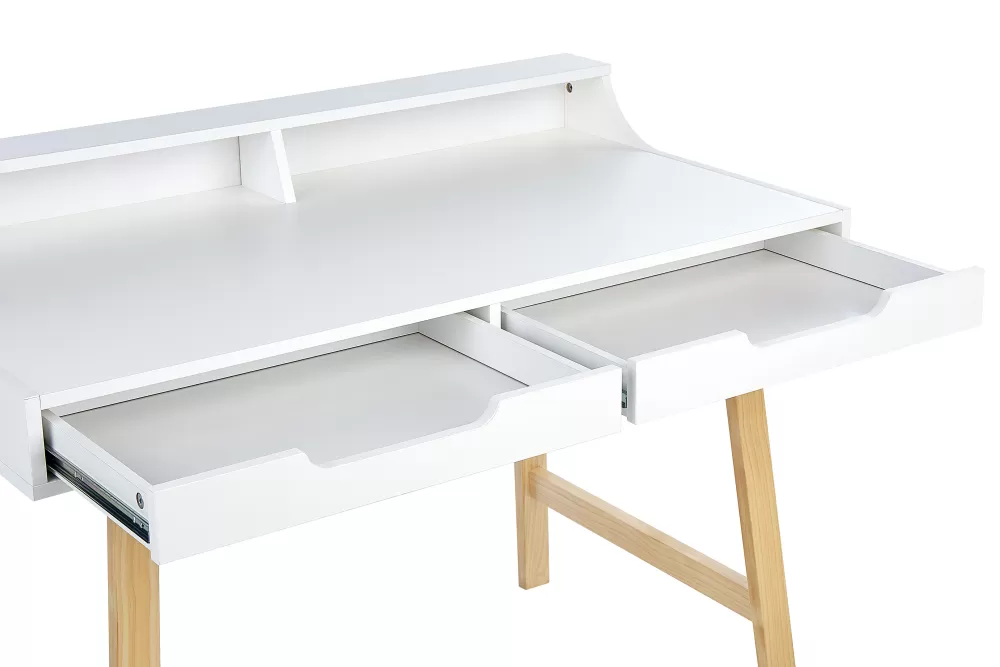 Beliani Scrivania Moderna con 2 Cassetti e Mensola, Bianco Chiaro, Legno Massello 110 cm - Design Barie per Soggiorno/Camera