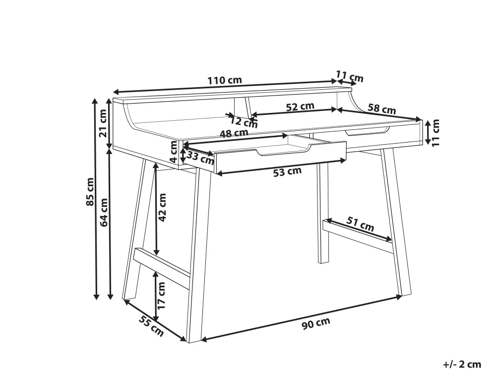 Beliani Scrivania Moderna con 2 Cassetti e Mensola, Bianco Chiaro, Legno Massello 110 cm - Design Barie per Soggiorno/Camera
