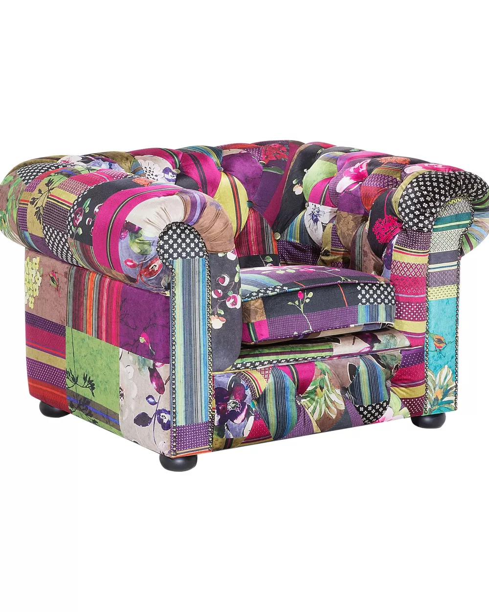 Poltrona Accogliente in Tessuto Viola con Motivo Patchwork e Dettagli Chesterfield - Design Elegante Beliani
